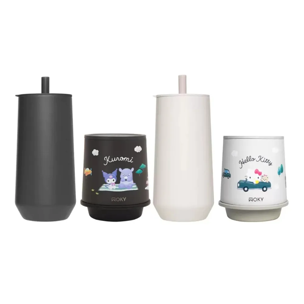 【WOKY 沃廚】輕芯鈦瓷易潔層保溫杯600ml+三麗鷗聯名250ml(咖啡杯/威士忌杯)