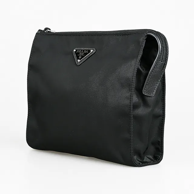 【PRADA 普拉達】PRADA 經典三角鐵牌LOGO尼龍可拆式腕帶拉鍊手拿包(黑)