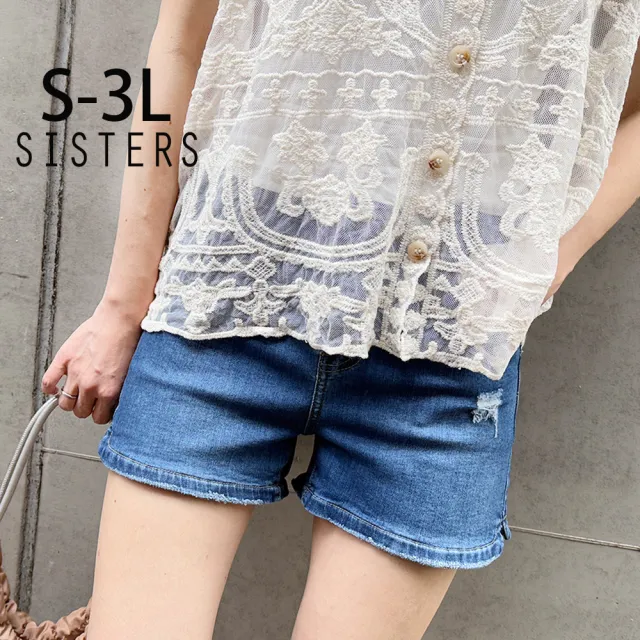 【SISTERS】小男友刷破感後鬆緊腰牛仔褲 短褲/S-3L(牛仔褲/丹寧/短褲/顯瘦/下著/褲裝)