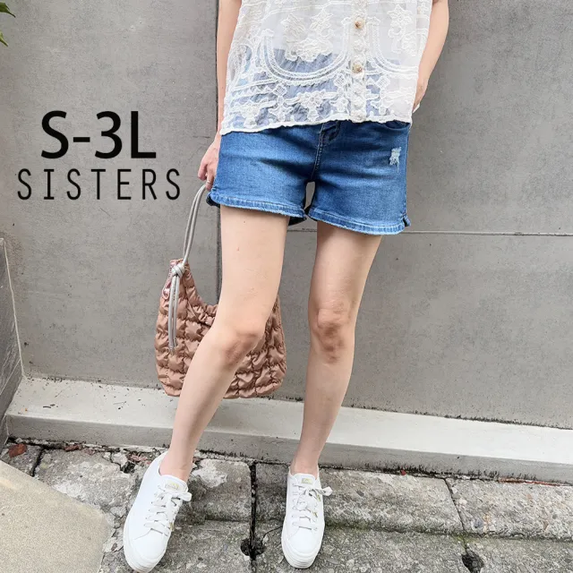 【SISTERS】小男友刷破感後鬆緊腰牛仔褲 短褲/S-3L(牛仔褲/丹寧/短褲/顯瘦/下著/褲裝)