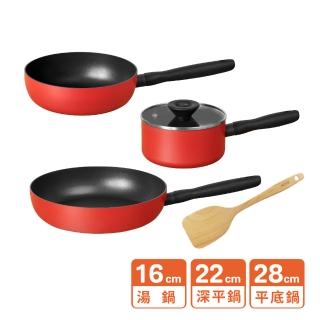 【MEYER 美亞】陶瓷不沾鍋 3鍋組 - 革新紅系列(28cm平底鍋+22cm小炒鍋+16cm湯鍋含蓋+木鏟)