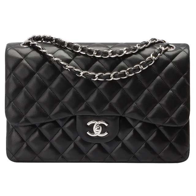 【CHANEL 香奈兒】JUMBO系列小羊皮雙銀鍊COCO包(黑色-30cm)