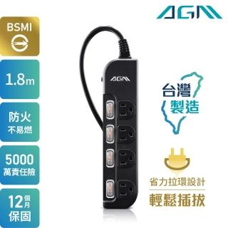 【Acer 宏碁】AGM 輕鬆拔四開四插延長線 1.8米-黑(過載斷電/防火材質/台灣製造/4開4插)