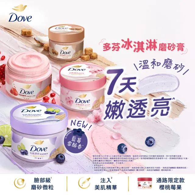 【Dove 多芬】去角質冰淇淋身體磨砂膏298gx1入(薰衣草/櫻桃/藍莓雪酪/石榴籽/櫻花/楓糖/奇異果籽)