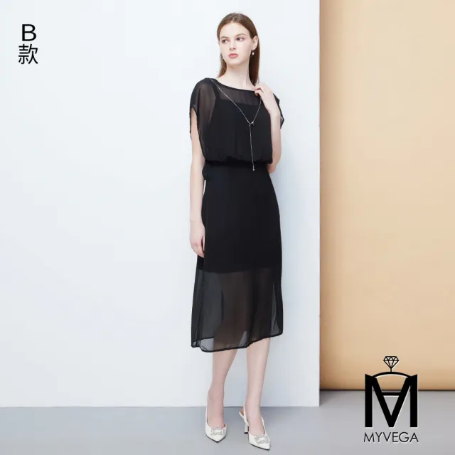 【MYVEGA 麥雪爾】MA點點/素面背後精緻微透光蕾絲拼接長洋裝-二款任選(素色洋裝/連身洋裝/女洋裝)