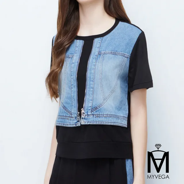 【MYVEGA 麥雪爾】MA真兩件拼接牛仔背心長裙套裝-黑(日系/女上衣/涼感/短袖)