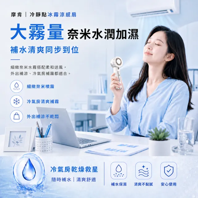 【摩肯】冷靜點 冰霧涼感扇 吹風冰敷細霧三效合一(靜音風扇 秒冰鎮 強續航 細霧補水 隨身登機 附掛繩)