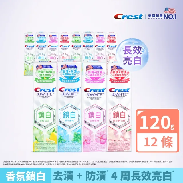 【Crest】好評囤貨組-香氛鎖白 美白牙膏120g 12入.牙齒美白(岡山夢白桃/清柚•白茶/海洋薄荷/清新雪櫻)
