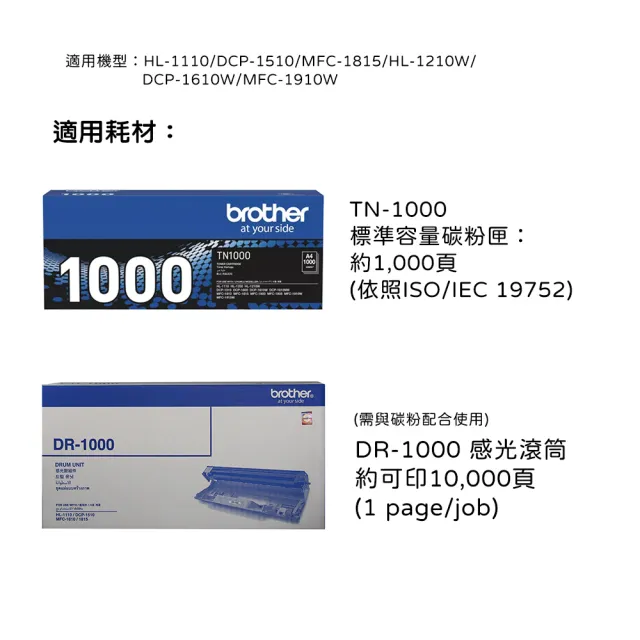【brother】官方直營 搭12支黑色碳粉匣★HL-1210W 無線黑白雷射印表機(列印/WIFI/耗材TN1000)