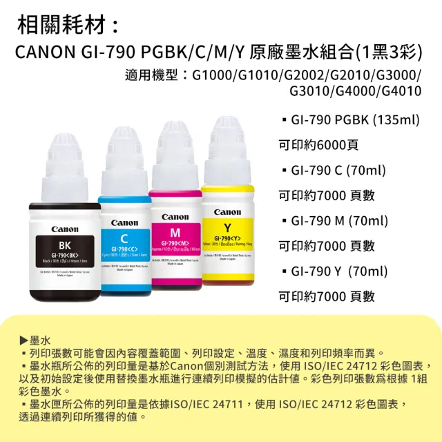【Canon】官方直營 搭1組1黑3彩墨水★PIXMA G1010 單功能連續供墨印表機(列印/滿版列印A4/耗材GI-790 四色)