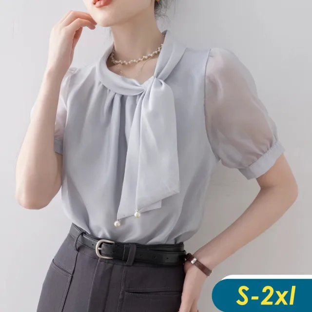 【CHACO】/預購/女夏 霧灰色法式蝴蝶綁帶領透膚短袖上衣襯衫#2965(上衣 襯衫 短袖 女 夏 OL)