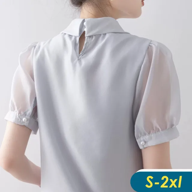 【CHACO】/預購/女夏 霧灰色法式蝴蝶綁帶領透膚短袖上衣襯衫#2965(上衣 襯衫 短袖 女 夏 OL)