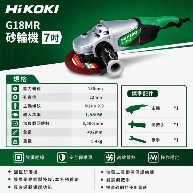 【HiKOKI】平面砂輪機7吋 (G18MR)