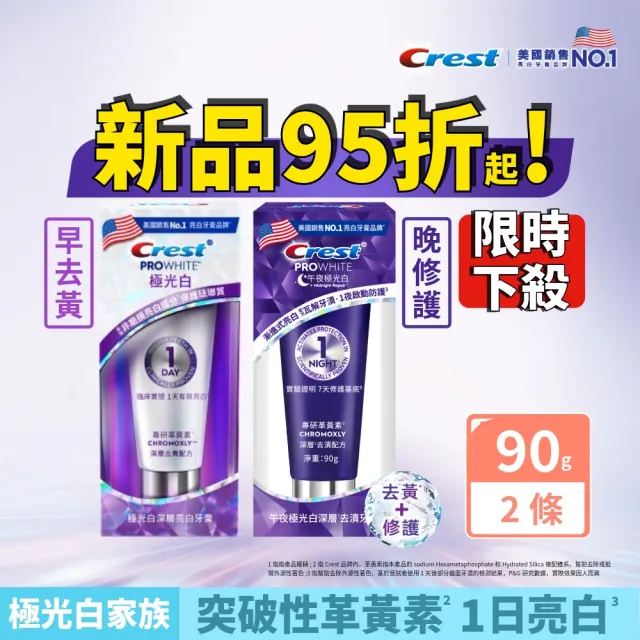 【Crest】1日亮白新客組-極光白深層亮白 美白牙膏90g 2入.牙齒美白(1天亮白/革黃素/牙齒美白/極光小白管)