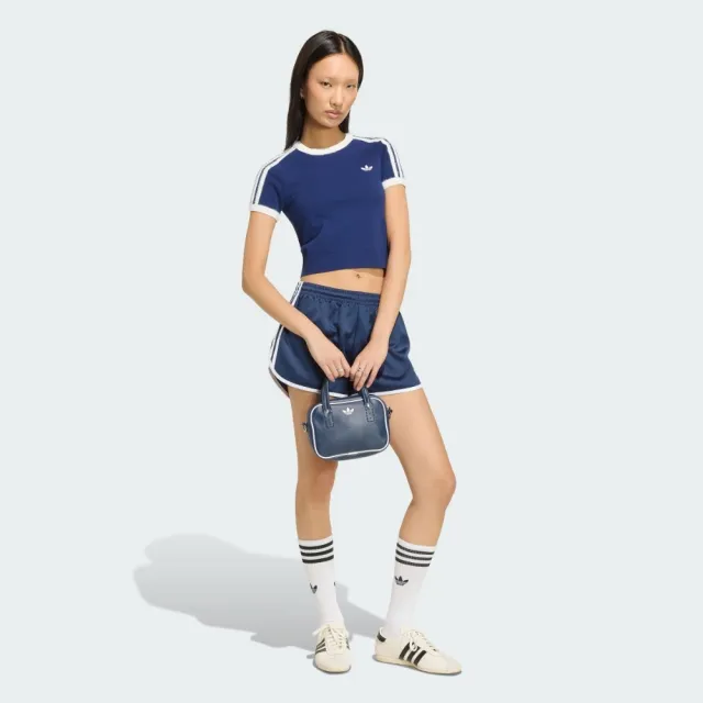 【adidas 愛迪達】短袖上衣 女 短版 三葉草 亞規 KNIT TEE 藍 KW2606