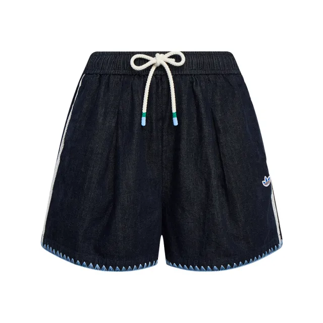 【adidas 愛迪達】Resort Shorts W 女款 黑色 抽繩 牛仔 丹寧 休閒 短褲 KX0747
