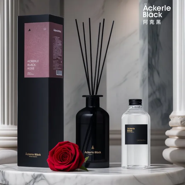 【Ackerle Black】(1+1超值組) 精油擴香套組-03阿克黑玫瑰(擴香精油250ml+補充瓶300ML+擴香棒10入裝)