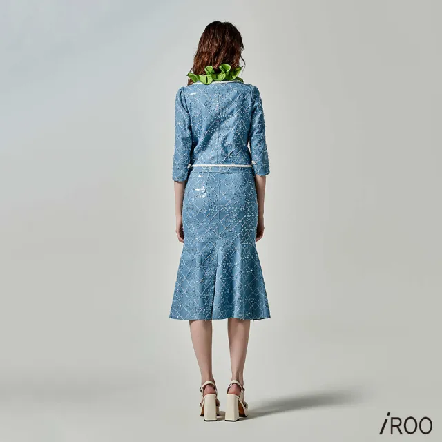 【iROO】小香風格紋亮片牛仔外套