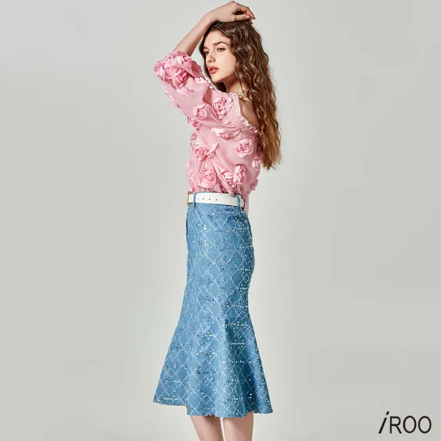【iROO】格紋亮片牛仔魚尾裙