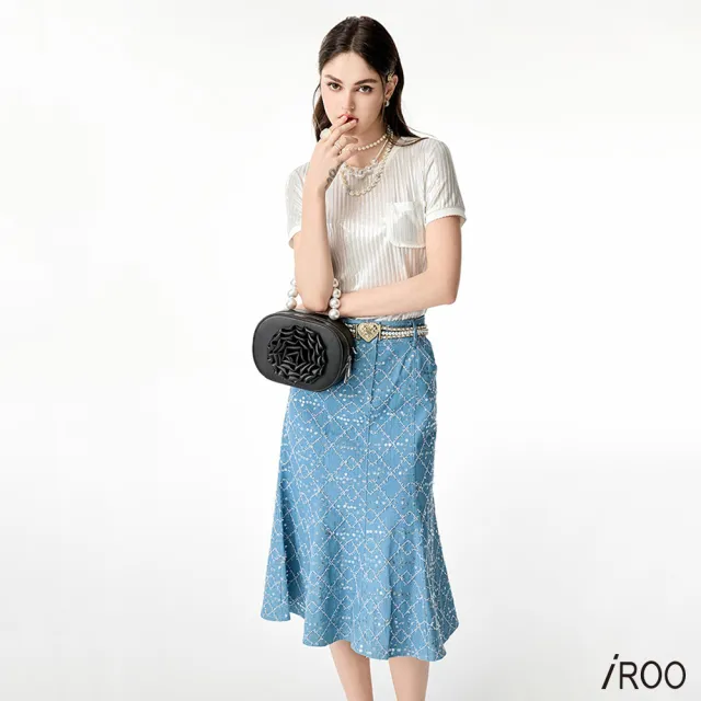 【iROO】格紋亮片牛仔魚尾裙