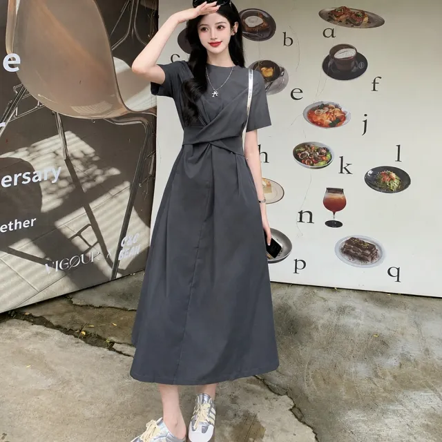 【AS 梨卡】女裝 洋裝 長裙 連身長裙 交叉綁帶 短袖連身裙 夏天洋裝 設計感長裙 韓系 HZ279
