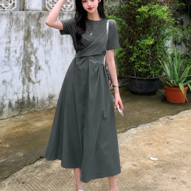 【AS 梨卡】女裝 洋裝 長裙 連身長裙 交叉綁帶 短袖連身裙 夏天洋裝 設計感長裙 韓系 HZ279