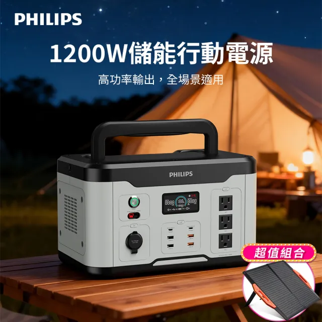 【Philips 飛利浦】60W太陽能板超值組-1200W 攜帶式儲能電池 行動電源(DLP8095S 露營/戶外/10孔同步輸出)