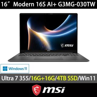 【MSI 微星】特仕版 16吋 Ultra 7 355 輕薄效能筆電(Modern 16S AI+/32G/4TB SSD/Win11/G3MG-030TW)