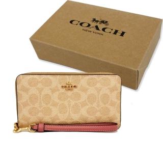 【COACH】C LOGO手掛式拉鍊零錢袋長夾禮盒(米白/粉)