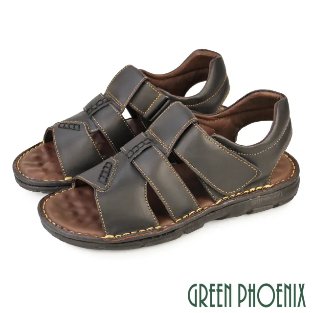 【GREEN PHOENIX 波兒德】男 涼鞋 休閒涼鞋 真皮 吸震減壓 手縫大底 台灣製(咖啡、黑色)