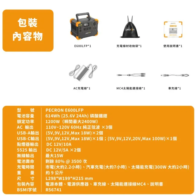 【Pecron】E600LFP輕巧大功率1200W/614Wh便攜式戶外行動電源(儲能小鋼炮 磷酸鐵鋰電源)