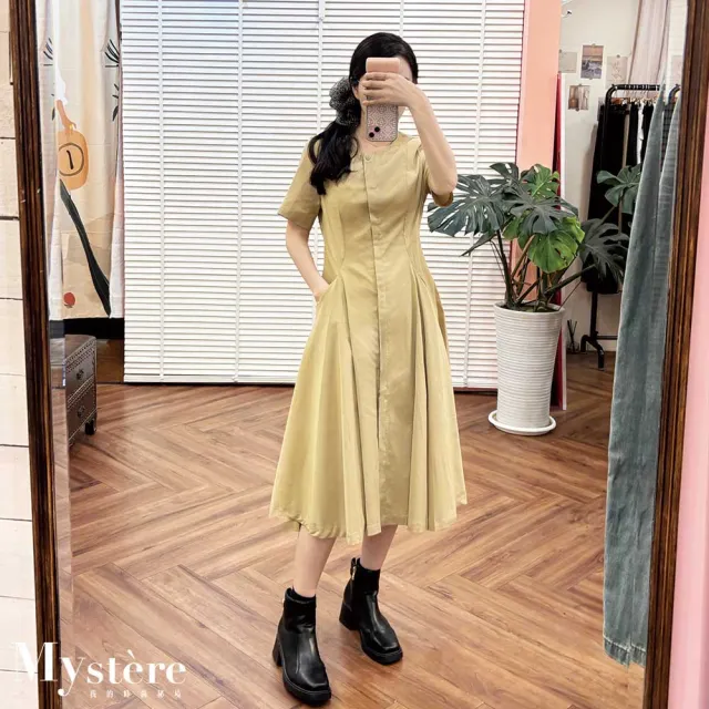 【my stere 我的時尚秘境】縮腰打褶傘擺連身裙 兩色可選 基本款洋裝 純棉洋裝 工裝連身裙