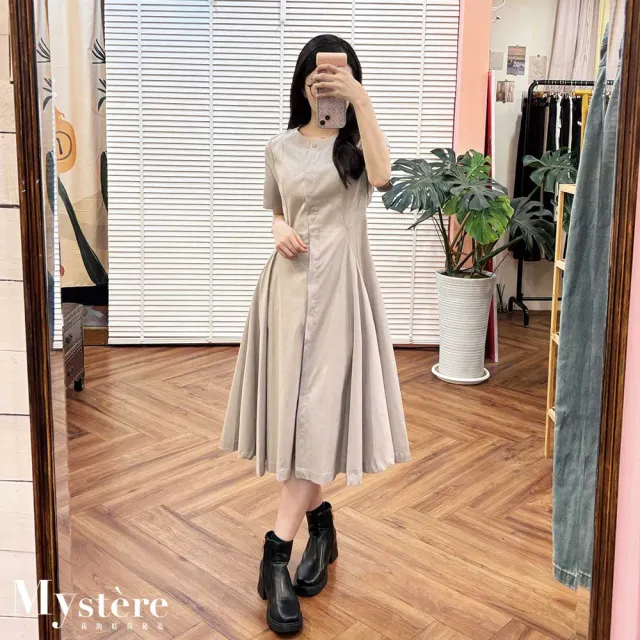 【my stere 我的時尚秘境】雙11 縮腰打褶傘擺連身裙 兩色可選 基本款洋裝 純棉洋裝 工裝連身裙