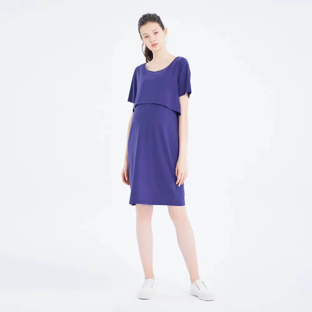 【Gennies 奇妮】簡約圓領哺乳洋裝-藍(哺乳衣 短袖哺乳衣 假二件 上掀哺乳)