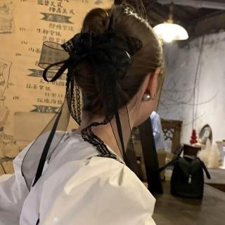 【HaNA 梨花】哥德文藝感 黑/白色蕾絲蝴蝶結髮夾 垂墜緞帶流蘇