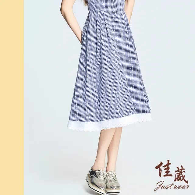 【Just Wear 佳葳】荷葉袖格紋長洋裝-附上衣(洋裝/裙子/針織/棉質/清涼/涼感/背心/度假洋裝)