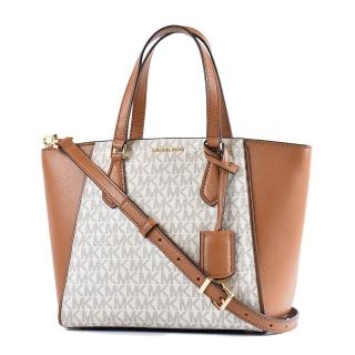 【Michael Kors】專櫃款 Taryn 緹花LOGO防刮拚皮革手提/斜背二用包-香草白/小