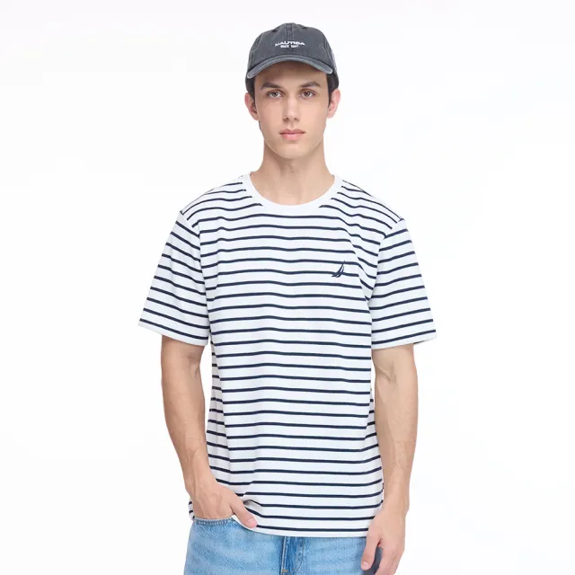 【NAUTICA】官方旗艦 男裝 條紋網眼棉質短袖T恤(藍白色)