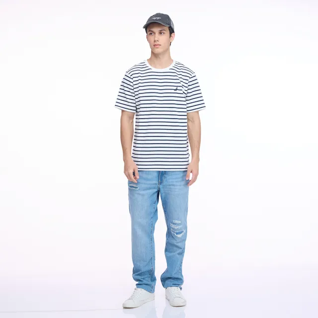 【NAUTICA】官方旗艦 男裝 條紋網眼棉質短袖T恤(藍白色)