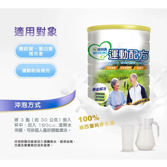 【易而善】德森蜜運動配方奶粉1500g×2罐(運動營養/鯊魚軟骨粉/牛磺酸/鈣質/菊苣纖維/益菌)