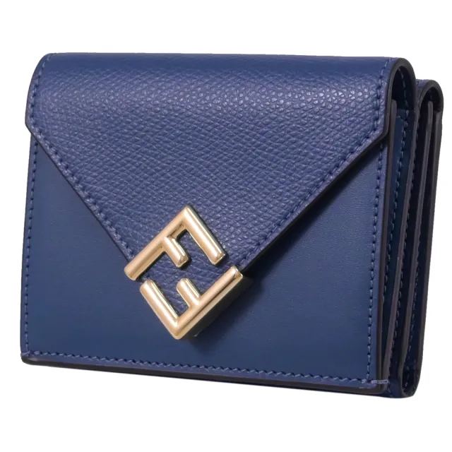 【FENDI 芬迪】經典金屬雙F LOGO三折雙面零錢短夾(海軍藍)