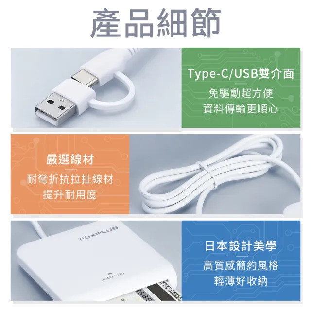 FOXPLUS 晶片讀卡機 Type-C/USB雙介面 兩年保固日本設計台灣製造免驅動 健保卡報稅自然人工商憑證 2入組