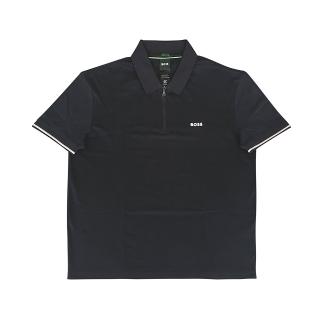 【BOSS】BOSS棉質透氣印花LOGO拉鍊短袖POLO衫(男/黑)