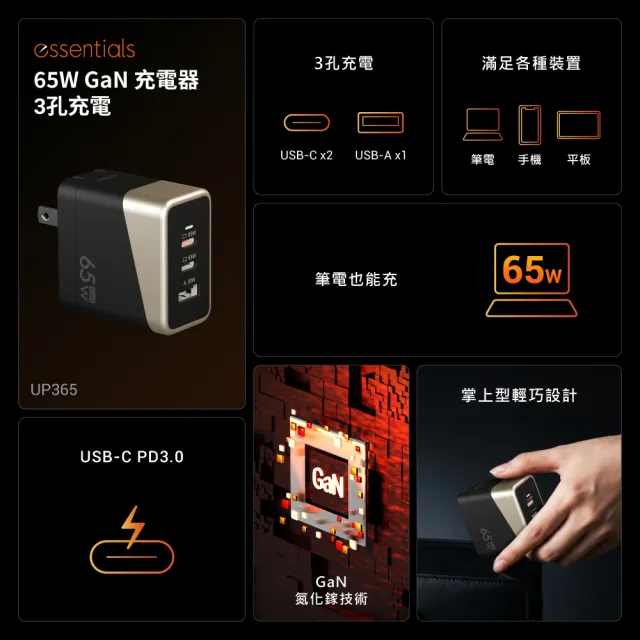 【ATEN】65W 3孔氮化嫁 GaN 快速充電器 (UP365)