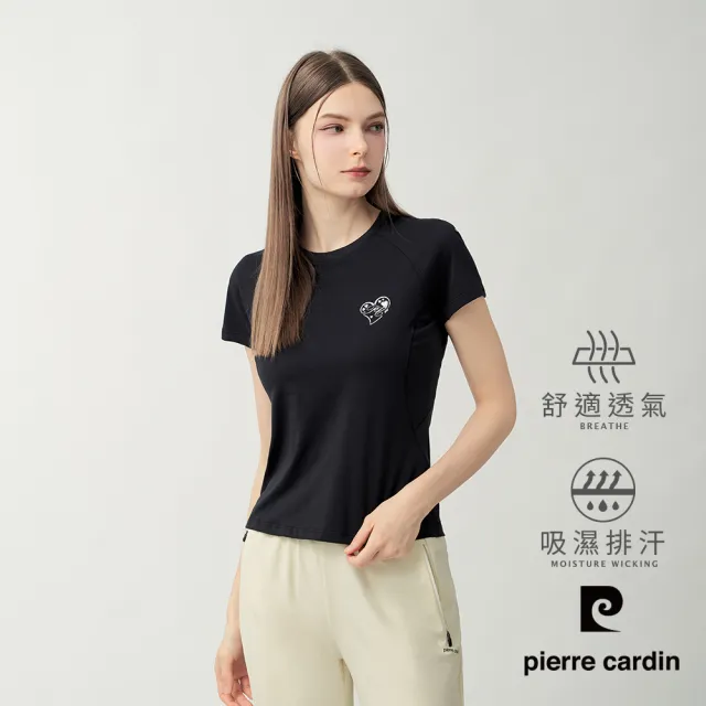 【pierre cardin 皮爾卡登】休閒服飾 女款 舒適透氣吸濕排汗圓領短袖T恤-黑色(6267280-99)