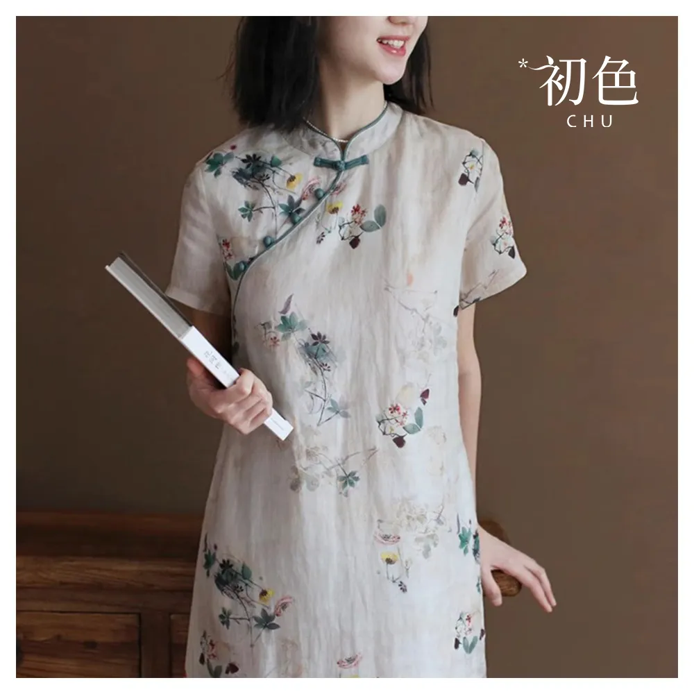 【初色】立領復古碎花印花寬鬆顯瘦旗袍短袖連身裙洋裝-杏色-35275(M-2XL可選)
