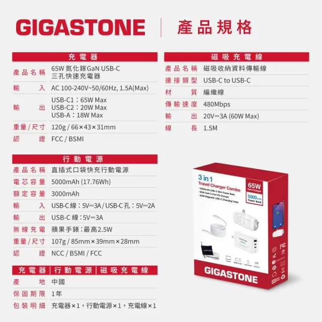 【Gigastone 立達國際】三合一65W旅行充電組PD-7656W 3in1 + Lightning充電線(行動電源/充電器/充電線)