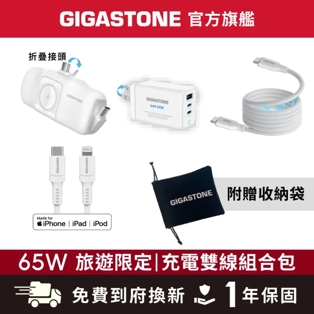 【Gigastone 立達國際】三合一65W旅行充電組PD-7656W 3in1 + Lightning充電線(行動電源/充電器/充電線)