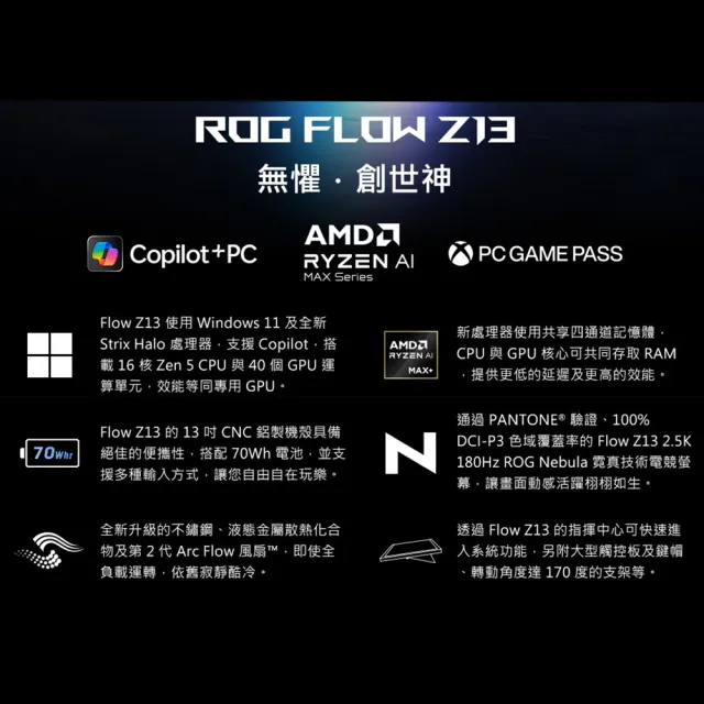 【ASUS 華碩】13.4吋Copilot+PC AI觸控電競筆電(ROG Flow GZ302EA/AI MAX+ 395/32G/1TB/8060S/W11)