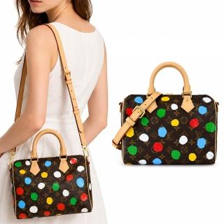 【Louis Vuitton 路易威登】M46433 LV x YK Infinity Dots 圓點印花 Speedy Bandouliere25帆布兩用包(卡其)